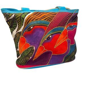 Vintage Laurel Burch Tote Bag Colorful Tropical Birds Print 13”x9.5” Canvas